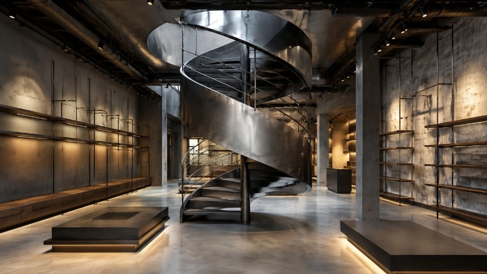 پله گرد فلزی برای مغازه و فروشگاه در البرز طراحی حرفه‌ای پله گرد دماوند فیروزکوه