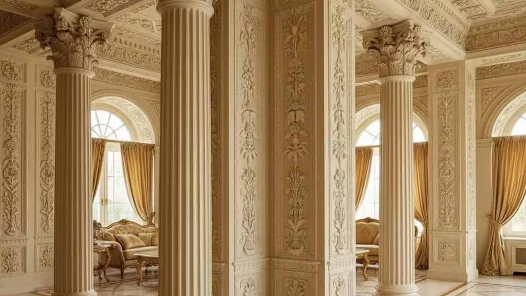 گچبری تزئینی ستون‌ها و کنج دیوار با دیتیل دقیق