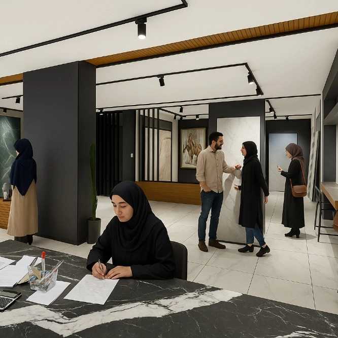 نمای داخلی فروشگاه راک سرامیک ایران و مشتریان در حال انتخاب طرح سرامیک ها
