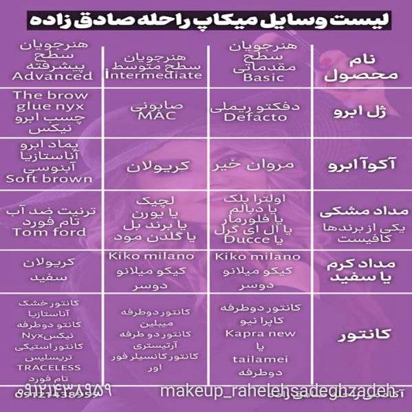 لیست وسایل میکاپ کاران راحله صادق زاده