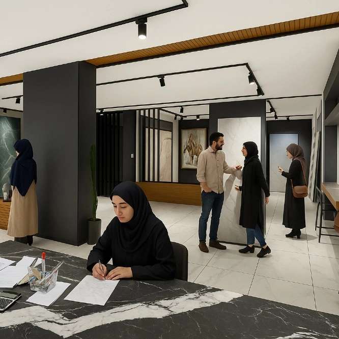 نمای داخلی فروشگاه راک سرامیک ایران و مشتریان در حال انتخاب طرح سرامیک ها
