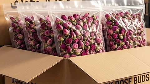 خرید غنچه گل محمدی فله با بسته‌بندی وکیوم و کارتن صادراتی استاندارد